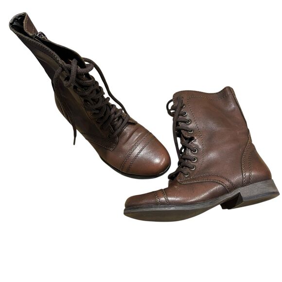 Steve Madden Troopa Combat Boots Women’s 5.5 Brown Leather Lace Up Zip Military - Picture 1 of 9